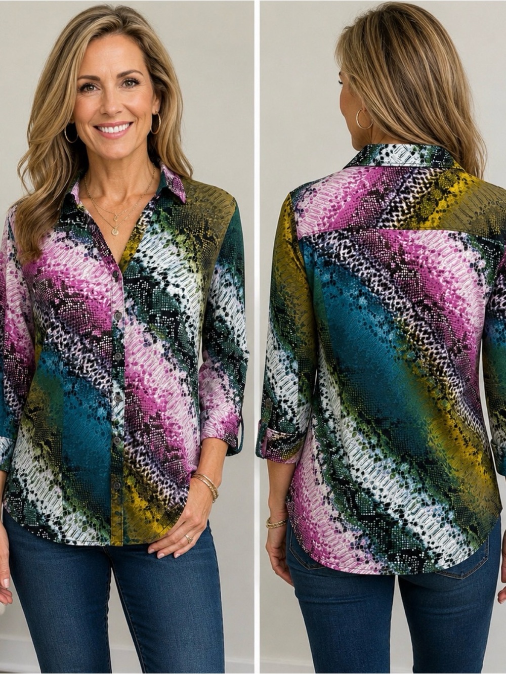 Dana Buchman Snakeskin Print Multicolored Blouse. Size Small